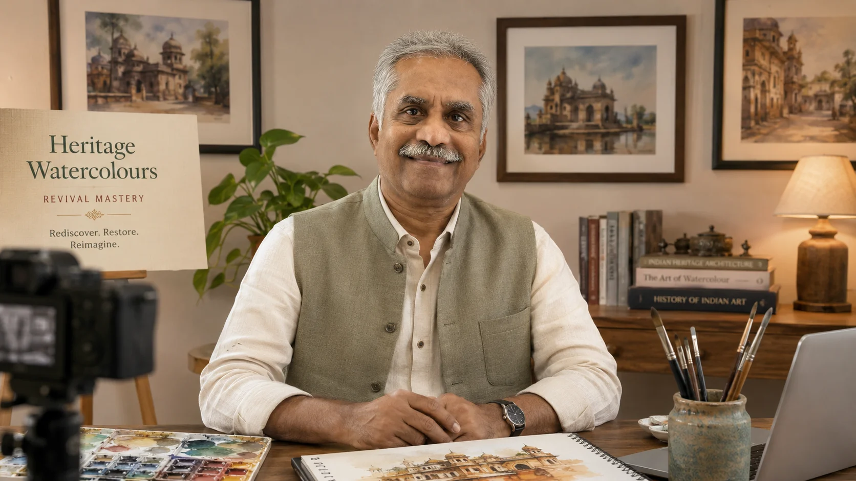 Chidanand M. at his heritage watercolour studio desk, surrounded by paintings, brushes, and art books